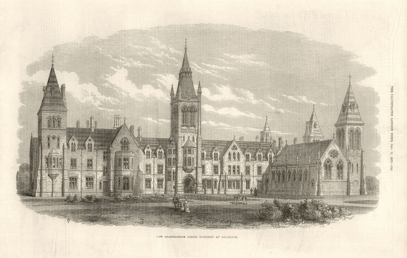 New Charterhouse School buildings at Godalming. Surrey 1872 old antique print